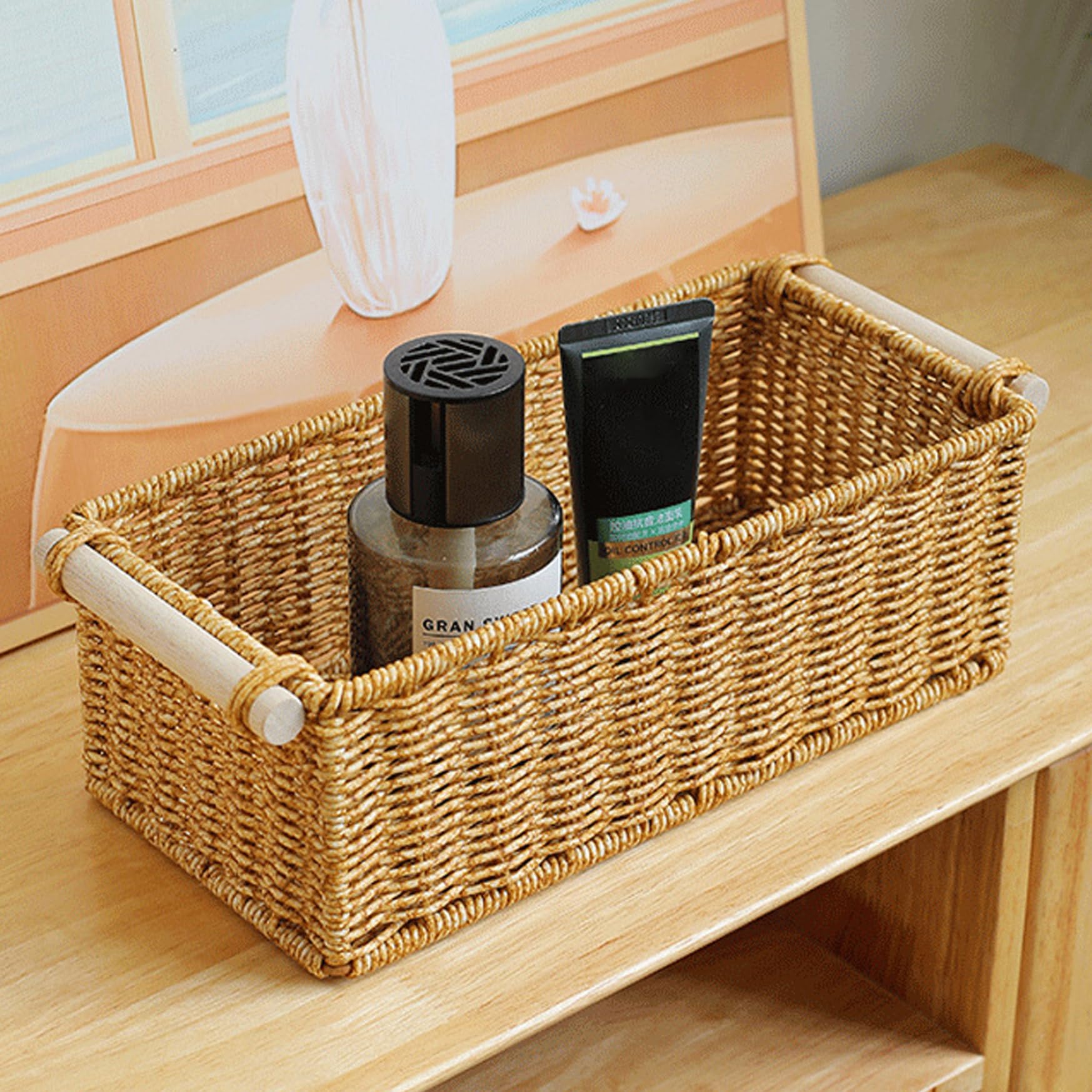 Cesta de almacenamiento de mimbre, cesta de mimbre de plástico de 2 pcs con mango de madera, organizador de almacenamiento fácil de limpiar para la sala de estar de baño de cocina, escritorio de dorm