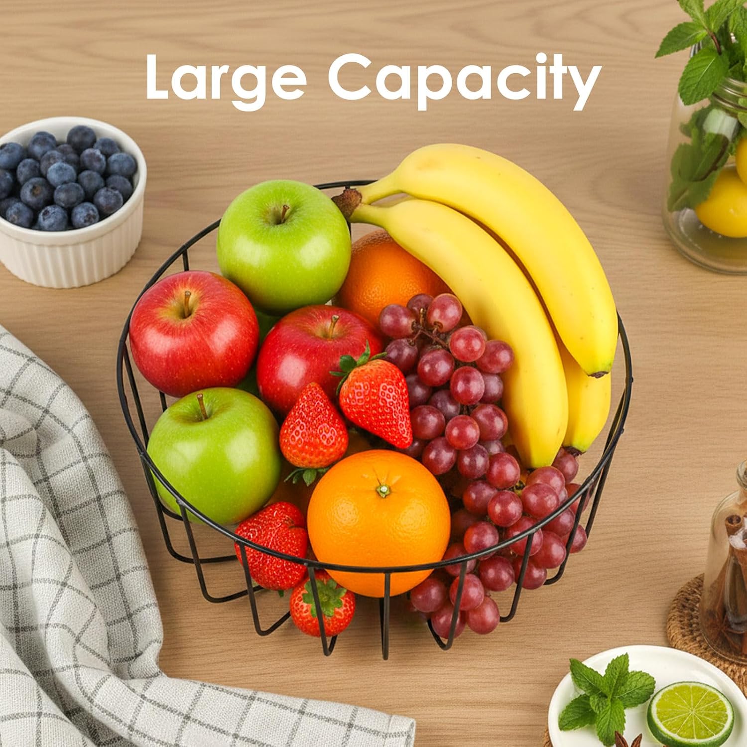 WELTOKE 3 Pack Fruit Basket For Kitchen Counter,Stackable Mesh Fruit Basket With Bamboo Lid,Large Fruit Bowl For Fruit And Vegetable Storage,Pantry Organizers