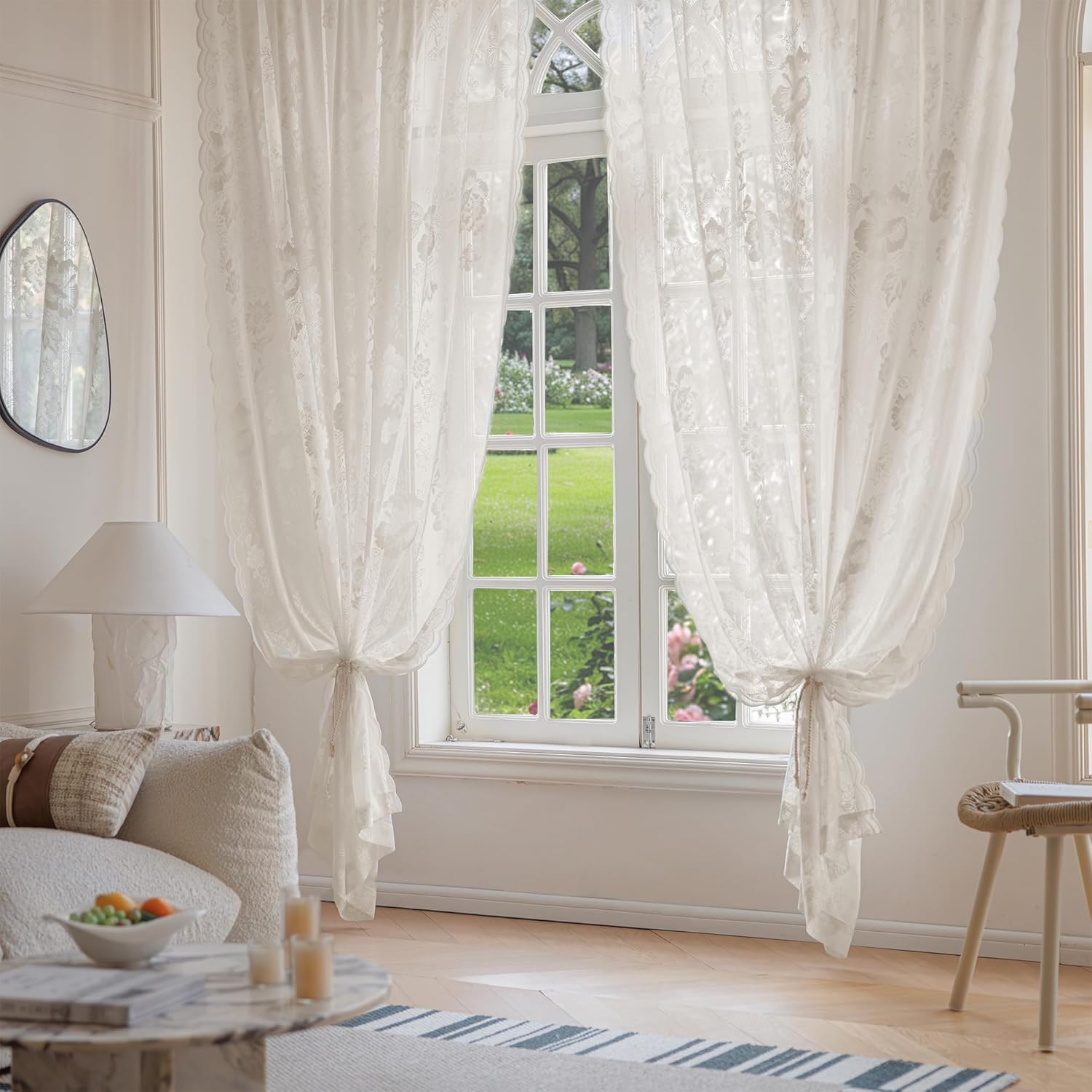 Ivory Vintage Lace Curtains 102 Inches Long Sheer Scalloped Edge Floral Drapes for Living Room Bedroom Rod Pocket Light Filtering Victorian Lace Curtains for Dining Room, Cream, 55"x 102" 2 Panels