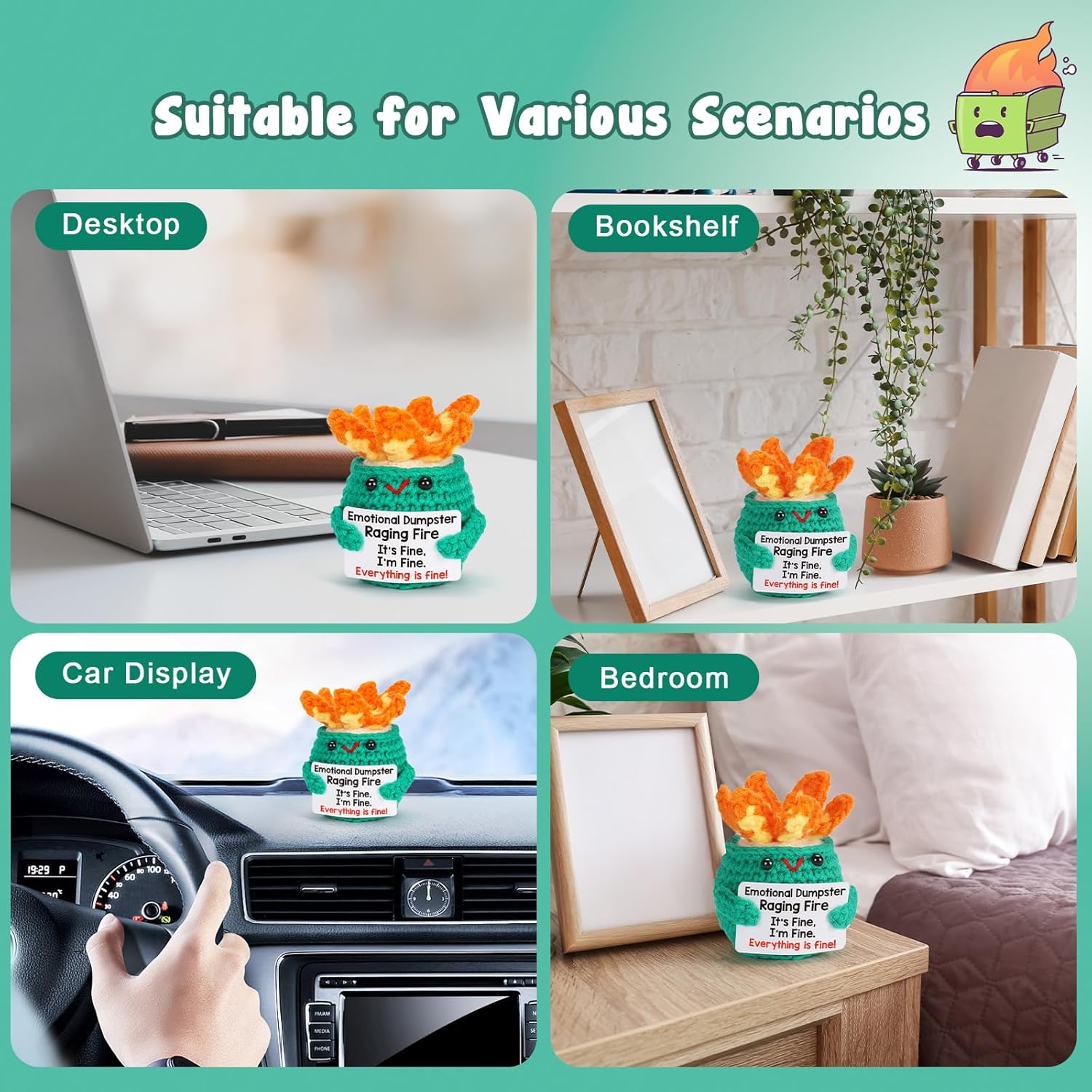 Emotional Support Dumpster Fire - Positive Crochet Plush Funny Desk Accessory for Men & Women, Cool Office Decor and Supplies, for Coworkers, Boss, It’s Fine I'm Everything's fine