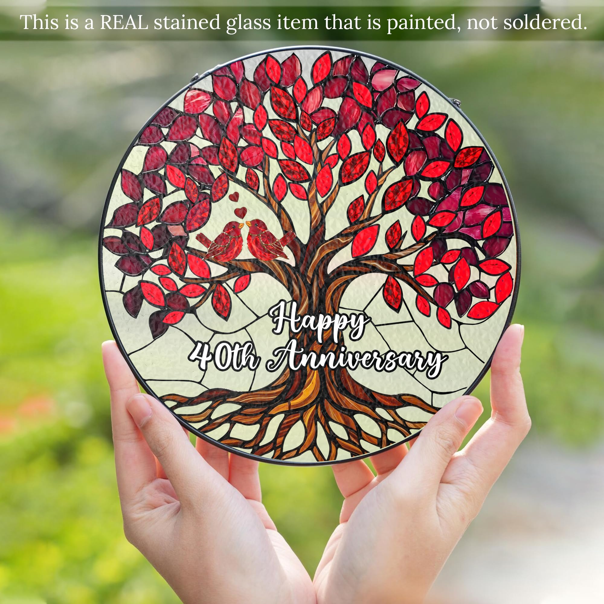 40th Wedding Anniversary Stained Glass Suncatcher, Ruby Anniversary Wedding Gifts, 6x6' Window Hanging for Couple, Wife, Husband, Parents – Unique 40th Anniversary Decorations Gifts