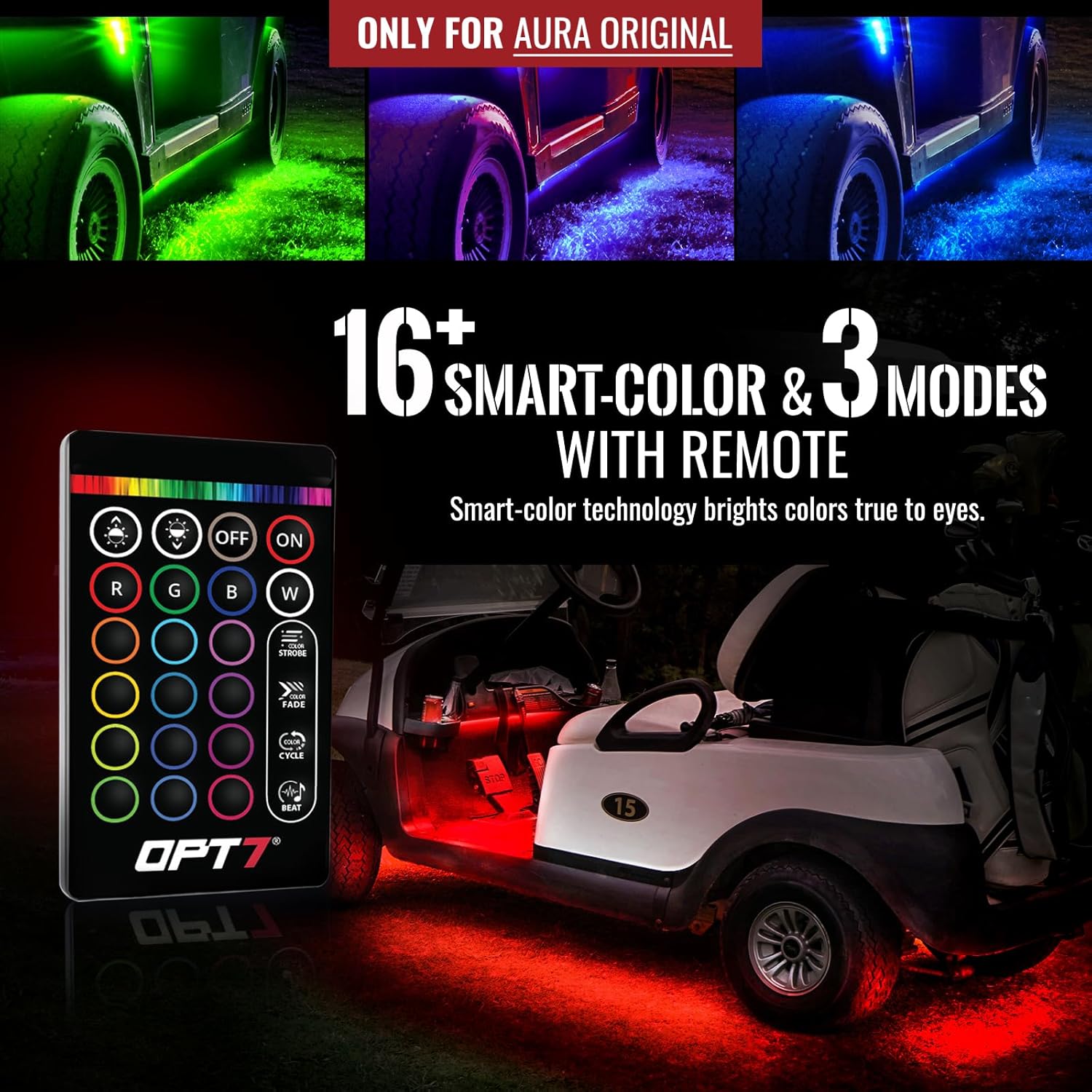 Golf cart illuminated with red LED lights, with the remote control overlaid.