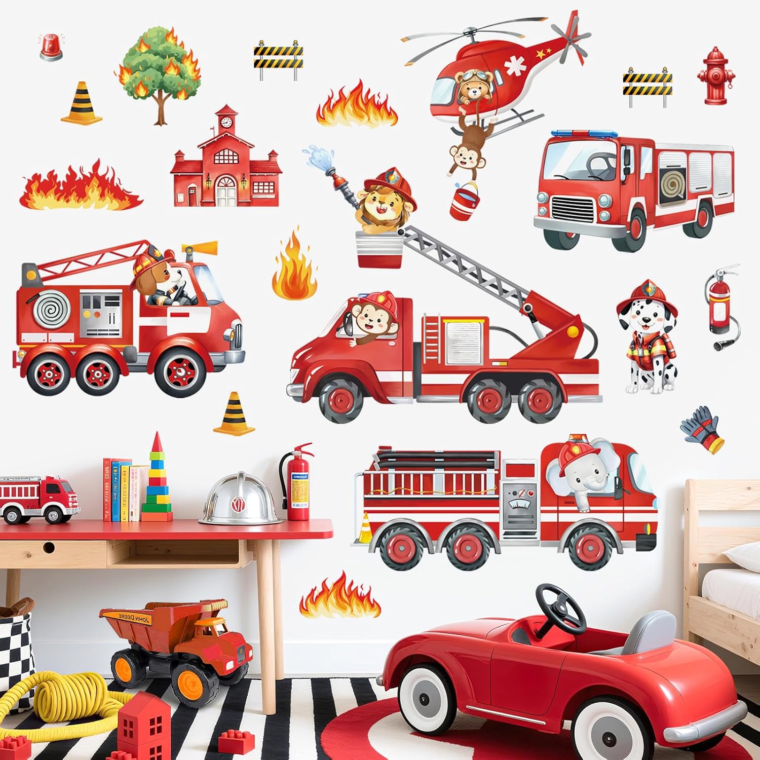decalmile Fire Trucks Cars Wall Decals Engine Transportation Helicopter Firefighter Vehicle Wall Stickers Baby Nursery Kids Room Boys Bedroom Home Decor