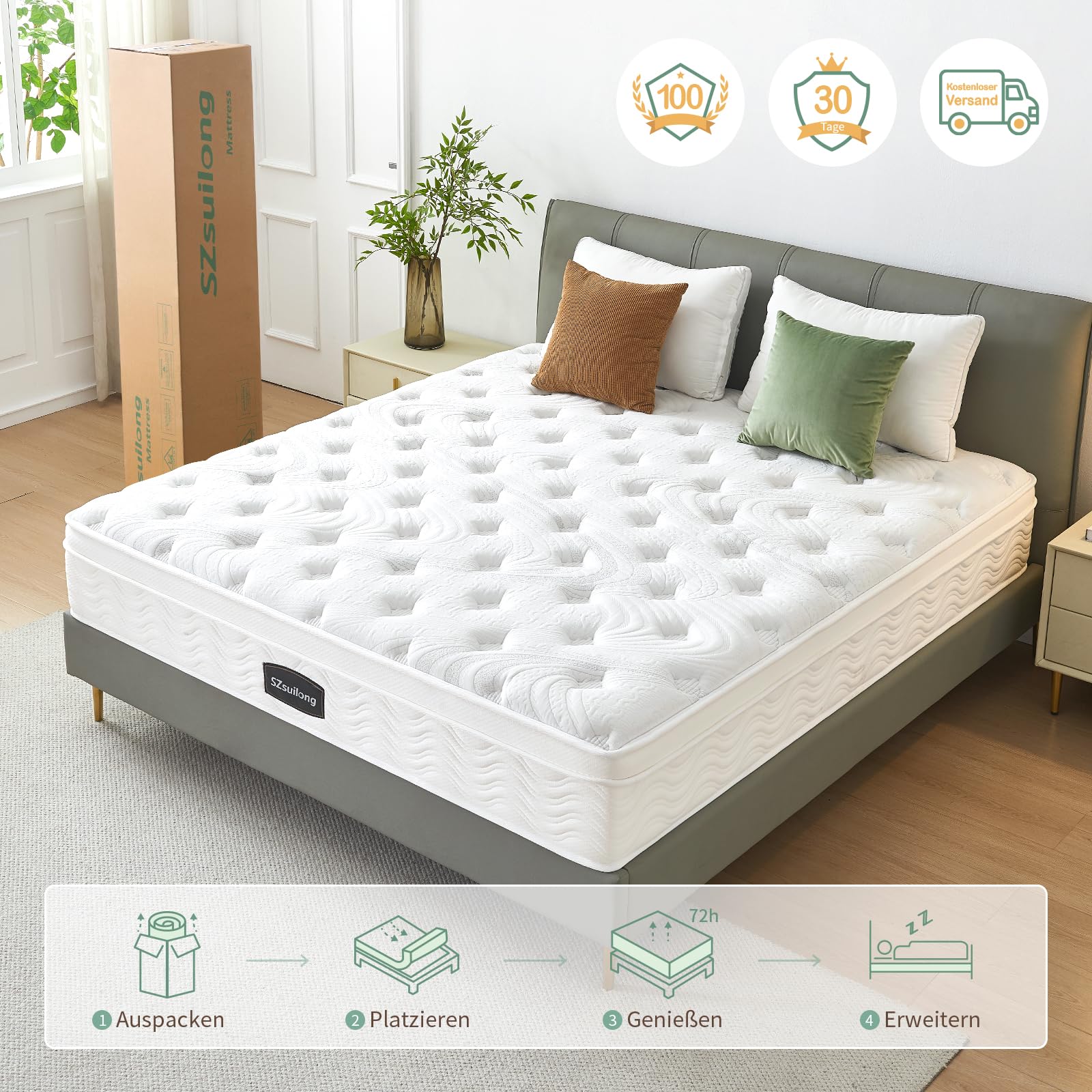SZsuilong Matratze 200x200 H3 Höhe 25cm mit Komfortschaum,7 Zonen Taschenfederkernmatratze Ergonomische,Federkernmatratze für Erwachsene Öko-Tex Zertifiziert & CertiPUR Zertifiziert