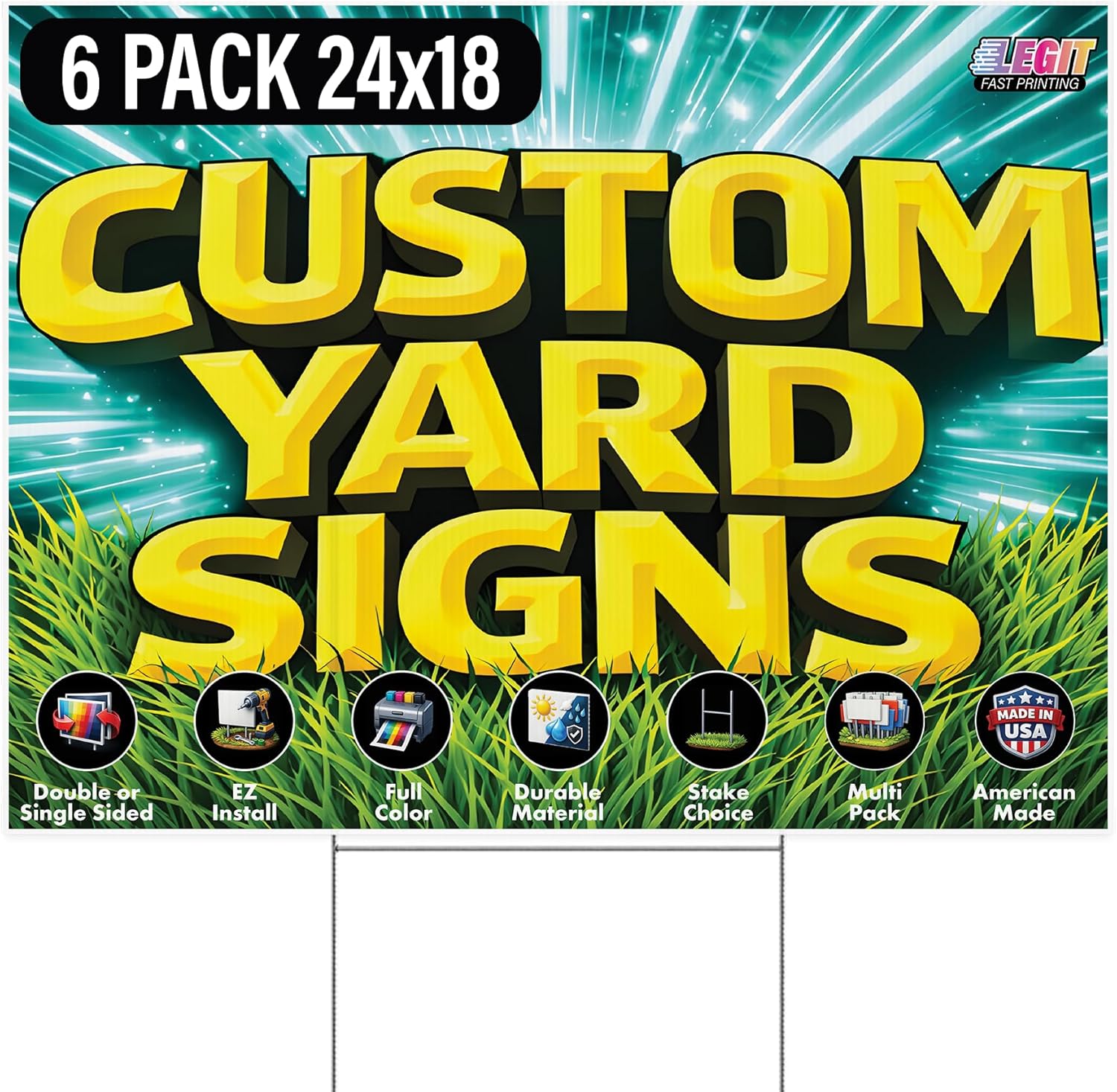 SIX (6) Pack - Custom Printed 18 x 24" Yard Signs, Double and Single Sided Print, Metal H-Stakes Available, Durable 4mm Coroplast, Personalized Full Color Printing