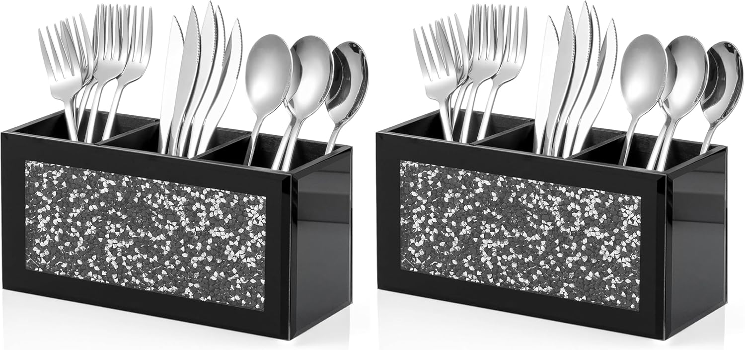 SHYFOY Silverware Holder, Black Glass Mirror Utensil Caddy, 3-Slot Silverware Organizer with Crystal Diamonds, Cutlery Holder for Party, Fork Spoon Knife Organizer (Pack of 2)