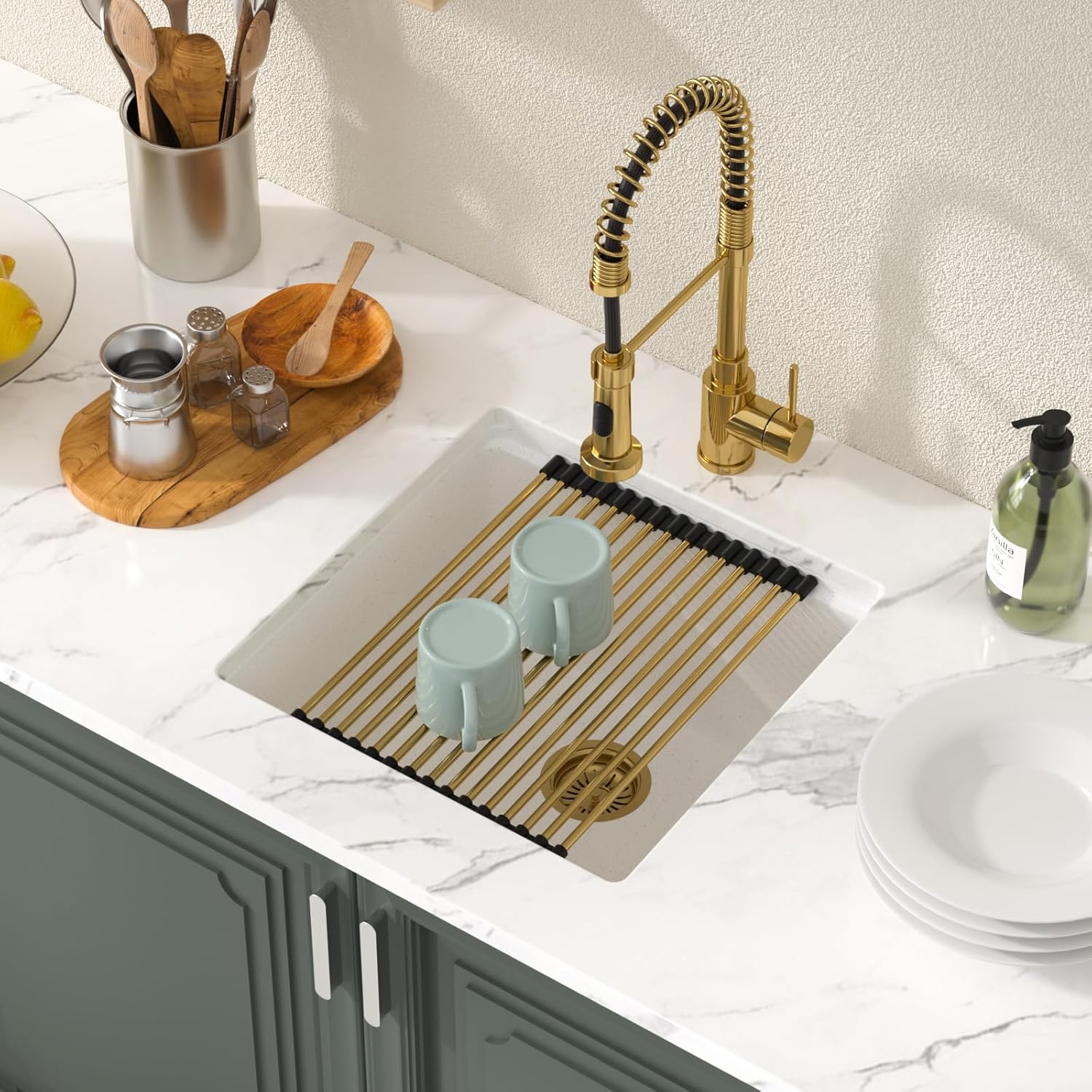 Lordear 18 Inch White Kitchen Sink Granite Composite Undermount Bar Workstation 18x18 White Quartz Sinks Under Counter Single Bowl with Classic Gold Accessories