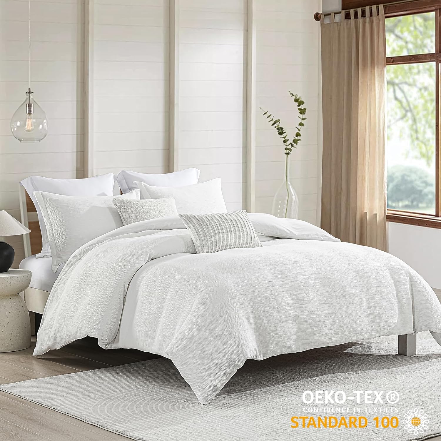 CozyDH Texture Duvet Cover King Size - White Faux Cotton Wrinkle Stripe Seersucker King Duvet Cover Set, 3 PCS Super Soft Lightweight Bedding Set (Cloud Cotton-Like, 104 x 90, No Comforter)
