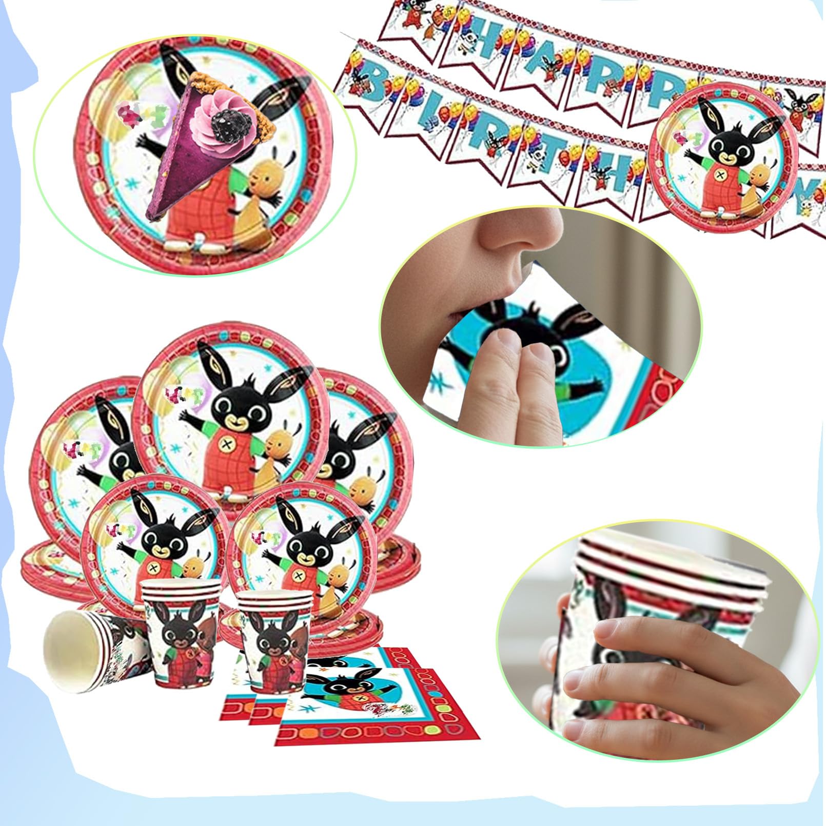 82 Pezzi Bunny Stoviglie per Feste di Compleanno，Addobbi Compleanno Bunny，Tovaglia，Striscione，Piatti Carta，Adatto a 20 persone