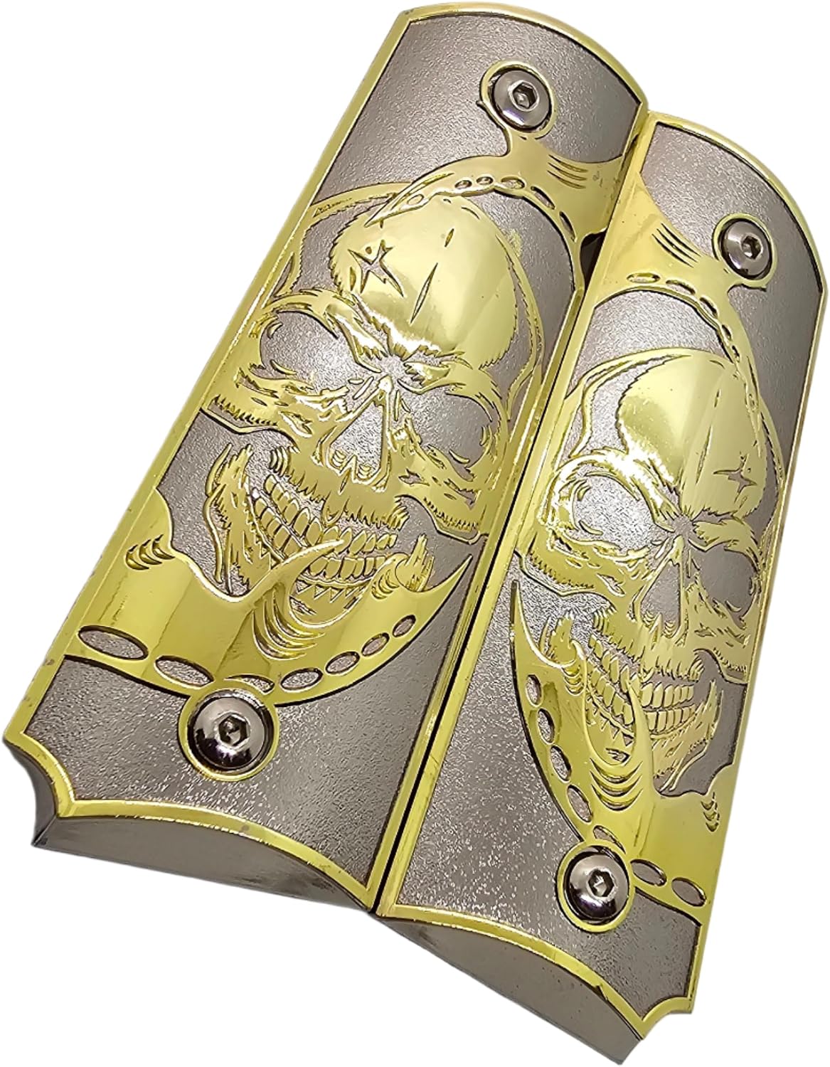 1911 Full Size Metal Grips Gold & Nickel Plated Skull Design, Ambi Safety Cut Compatible with Colt 1911 & Clones Includes Screws