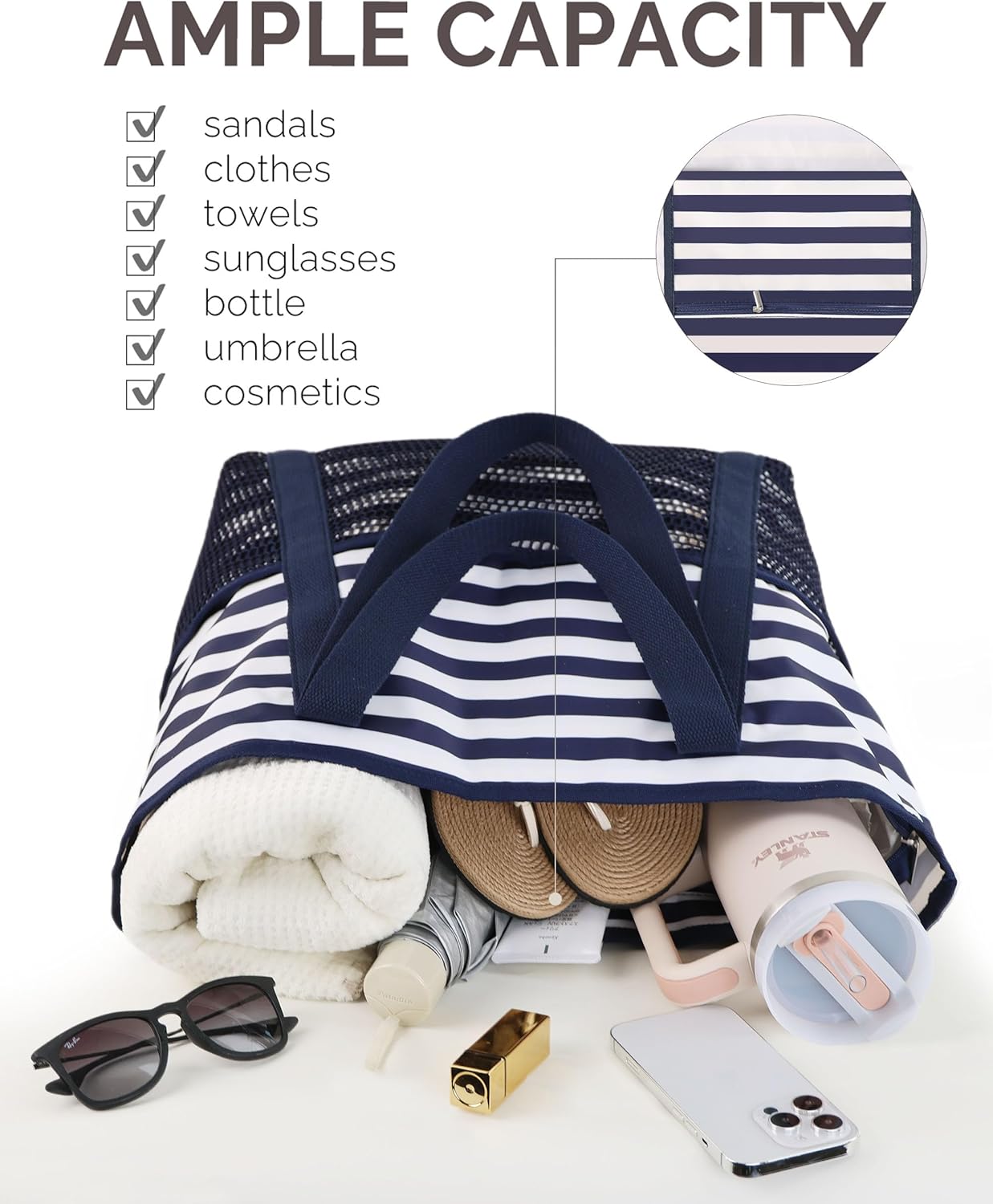 HOMESPON Beach Bag Large Waterproof Sandproof Foldable Tote for Women with Zipper Mesh Pockets for Pool Swim Travel Everyday - Image 7