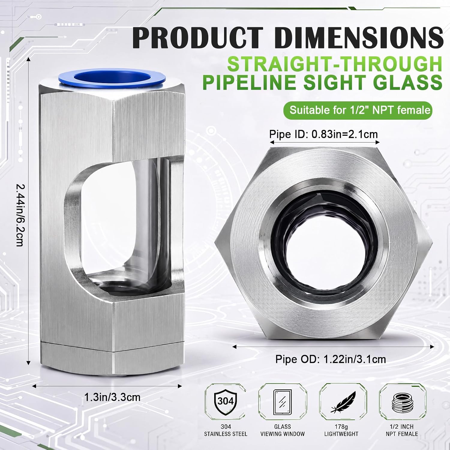 Konohan 1/2 Inch Npt Female Thread Sight Glass Flow Indicator 304 Stainless Steel Inline Visual Flow Viewer with Tempered Glass Window for Propane Industrial Various Fluid Pipeline Monitoring