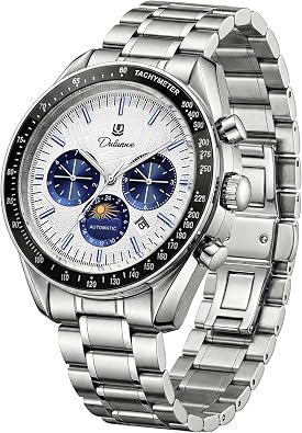 Mens Automatic Watches Moon Wristwatch Mechanical Automatic Winding Meteorite Dial Design Sub-Dials Day Display 24-Hour Display Month Date and 3 ATM Water Resistance