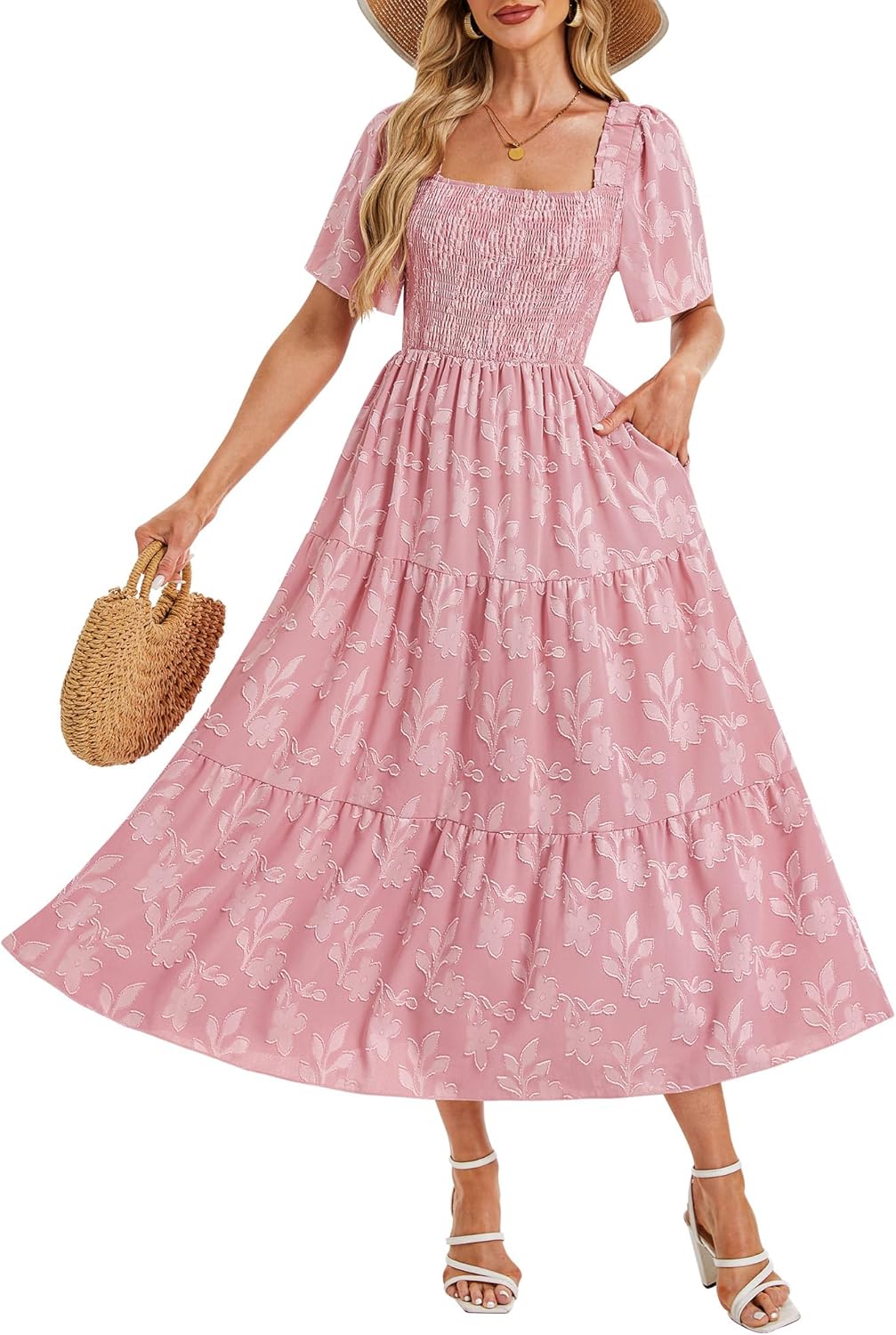 Women's Summer Dresses 2025 Casual Maxi Dresses Boho Floral Short Sleeves Square Neck Beach Vacation with Pockets