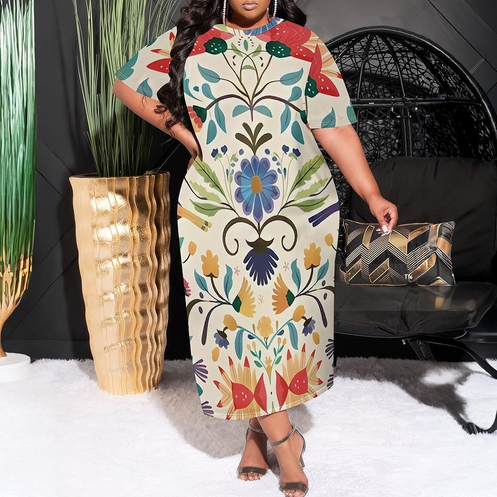Plus Size Maxi Dresses Summer Casual Floral Crewneck Short Sleeves Beach  Sundress Loose Empire Waist Long Dress with Pockets Beige Blue at Amazon  Women's Clothing store
