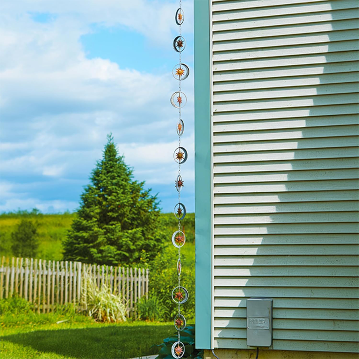 Ancient Graffiti Flamed Zinc Sun & Moon Rain Chain, 4" x 95" x 4"