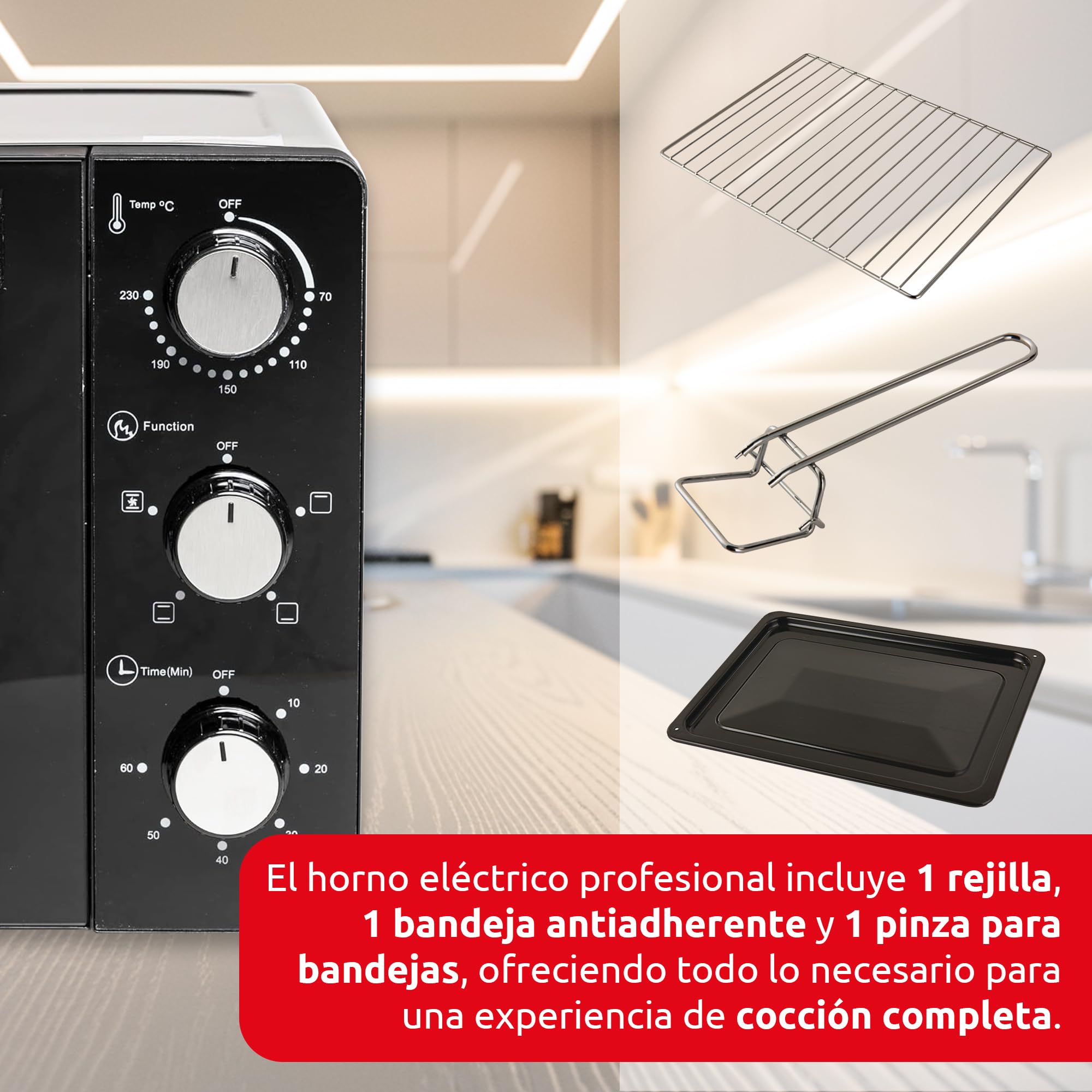 Melchioni Family | Horno Eléctrico Ventilado ENJOY 24, Capacidad 24 litros, 1200W, Multicocción con Temporizador 60 Minutos, Termostato regulable hasta 230° C
