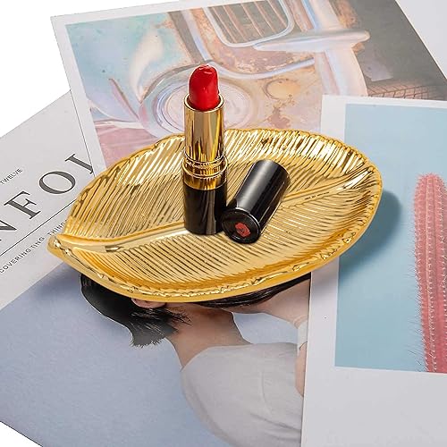 Miniatura 5 de DudWocy Bandeja de joyería con forma de hoja dorada, plato de cerámica para anillos de metal, soporte para platos de baratijas para bodas, fiestas,