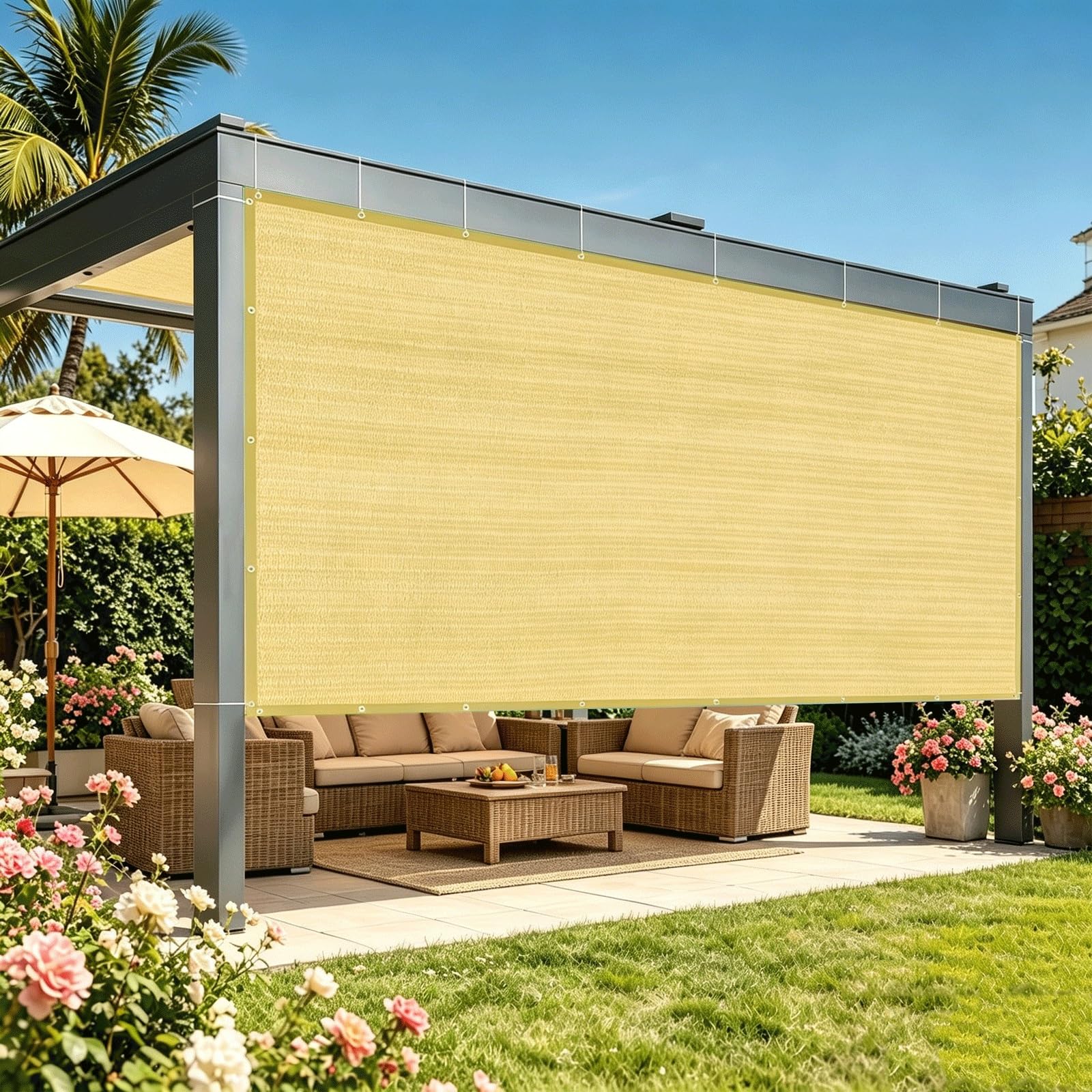 Osłona Przeciwsłoneczna 280 x 320 cm 95% Blokady Promieni UV (Z Darmową Linką) Oddychający Markiza Zadaszeniowa Na Dziedziniec Do Basenu Wśród Roślin Na Przyjęcia, Kolor kremowy
