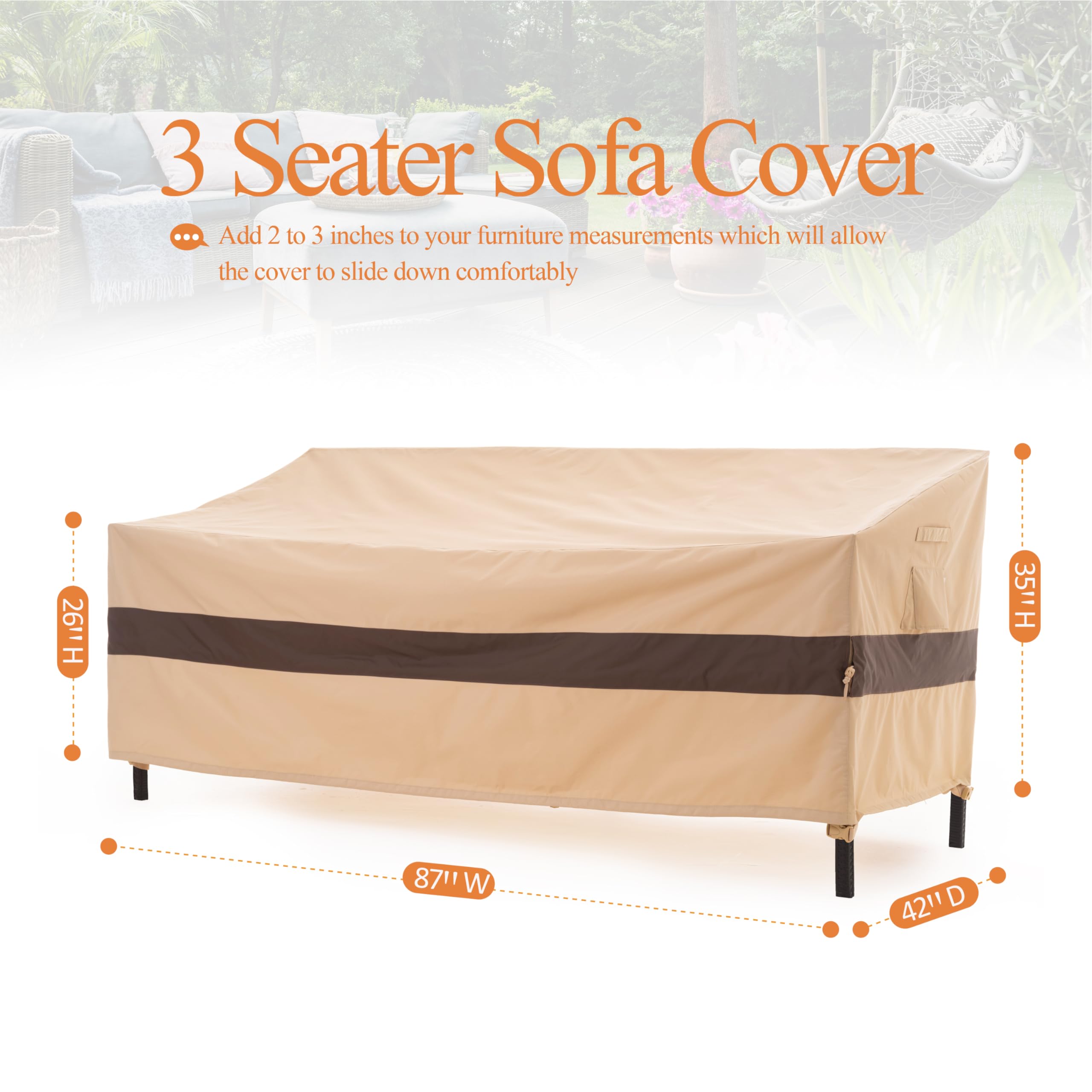 WJ-X3 Beżowy i kawowy pokrowiec na sofę na patio, 217 cm szer. x 106 cm x 91 cm wys. – wodoodporny, odporny na promieniowanie UV 3-osobowy pokrowiec na kanapę na zewnątrz, wytrzymały, odporny na