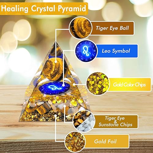 Miniatura 3 de Pirámide de cristal de orgonita del zodiaco, bola de cristal natural de ojo de tigre para protección de chakras, generador de energía único de