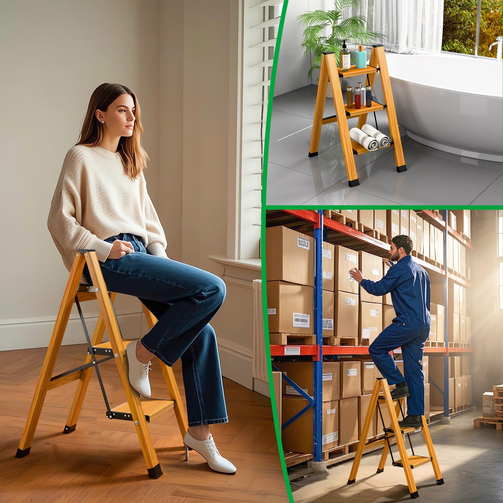 Échelle pliante à 3 marches en aluminium, portable, antidérapante, multifonction, avec design grain de bois, charge maximale : 150 kg, pour la maison, la cuisine, la salle de bain, le camping
