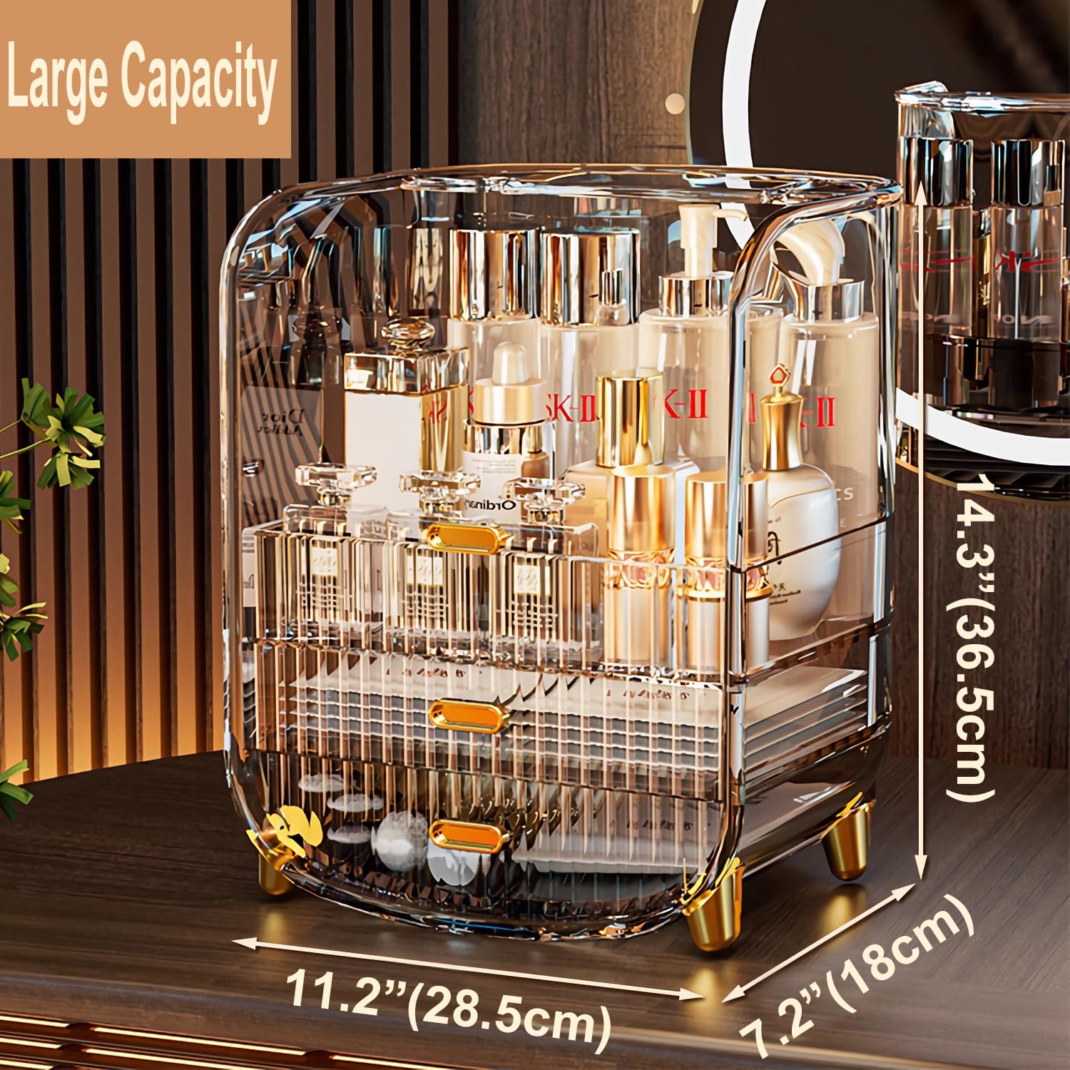 Organizador de maquillaje, organizador de maquillaje de gran capacidad para tocador, a prueba de polvo, impermeable, con cajones para el cuidado de la piel, lápiz labial, brochas y joyas