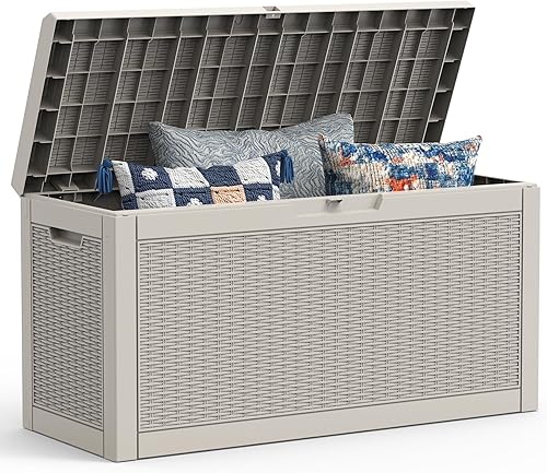 Miniatura 10 de Mars Villa Caja de almacenamiento para exteriores de 31 galones, contenedor de almacenamiento de resina impermeable, resistente a la intemperie y a