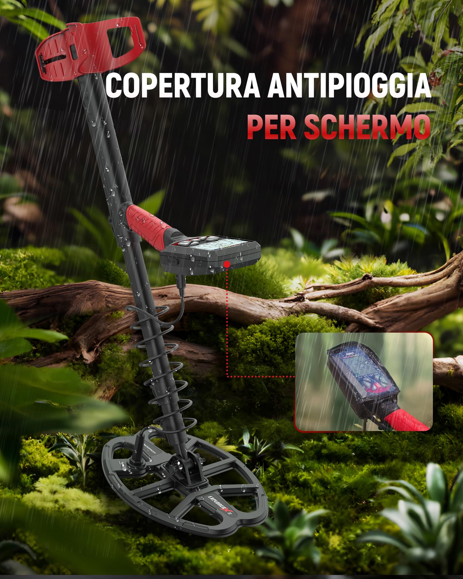 KAIWEETS Metal detector Professionale, 5 Modalità, Bobina DD Impermeabile IP68, Asta Telescopica Compatta, Ricaricabile Detector con LCD Retroilluminato, mit Pala, Cuffie e Copertura Antipioggia