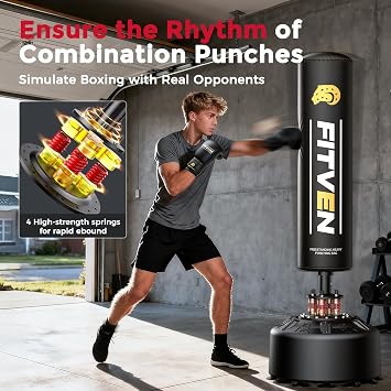 FITVEN 100KG 5.8ft Freestanding Boxing Punching Bag Set with Boxing Gloves, Suitable for Boxing, Muay Thai & MMA, Stable Suction Cup Base, Adult Stand Kickboxing Bag for Home Gym