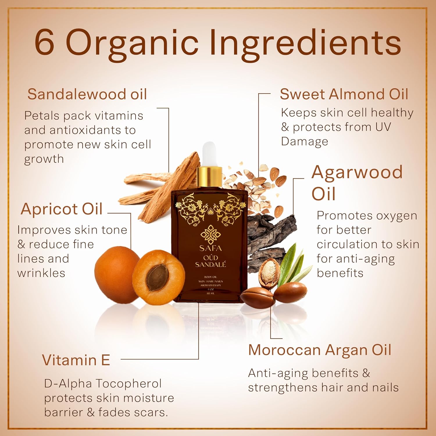 SAFA Oud Sandalé Oil – Organic Oud & Sandalwood Essential Oil for Hair, Body, Face & Nails – Arabian Perfume Oil for Women & Men - Strong & Long Lasting Fragrance 4 Fl Oz