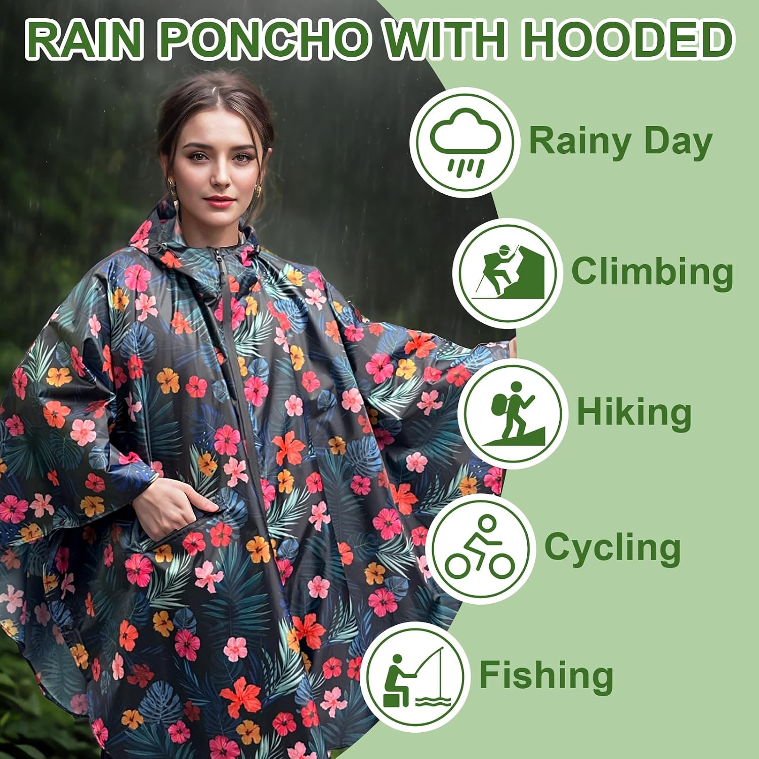Hooded Rain Ponchos for Adult - Rain Coat and Rain Jacket with Waterproof Pocket and Zipper image 2