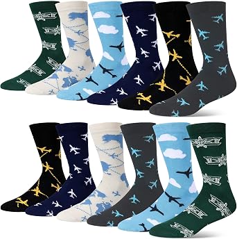 Halfchet 6 Pairs Novelty Airplane Crew Socks for Men Funny Plane Pilot Aviation Gifts for Men Birthday Gifts