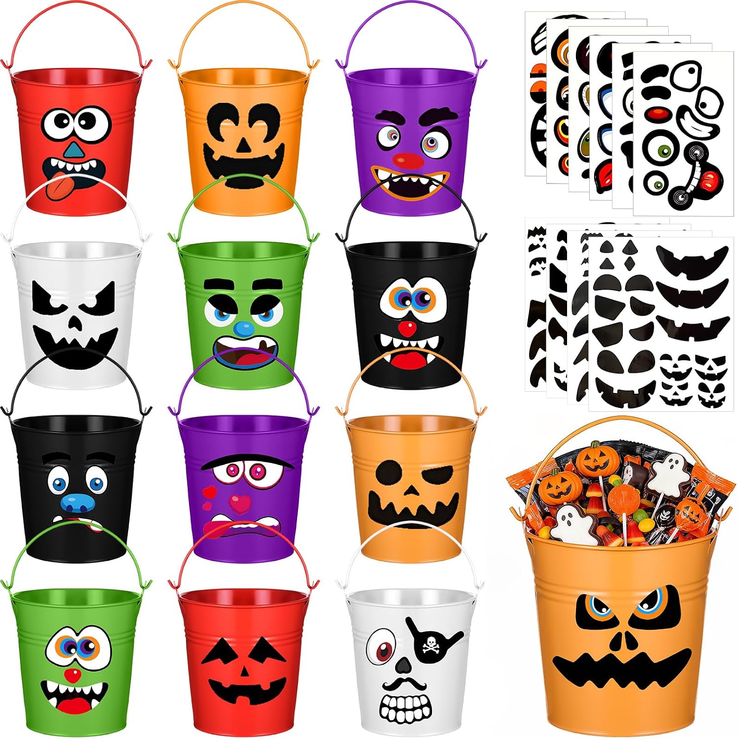 Roowest 12 Pieces 4.13in Halloween Small Metal Bucket with Sticker Set, Trick or Treat Mini Bucket Colored Metal Pail Tin Galvanized Container for Craft Party Favor Garden Home Decor