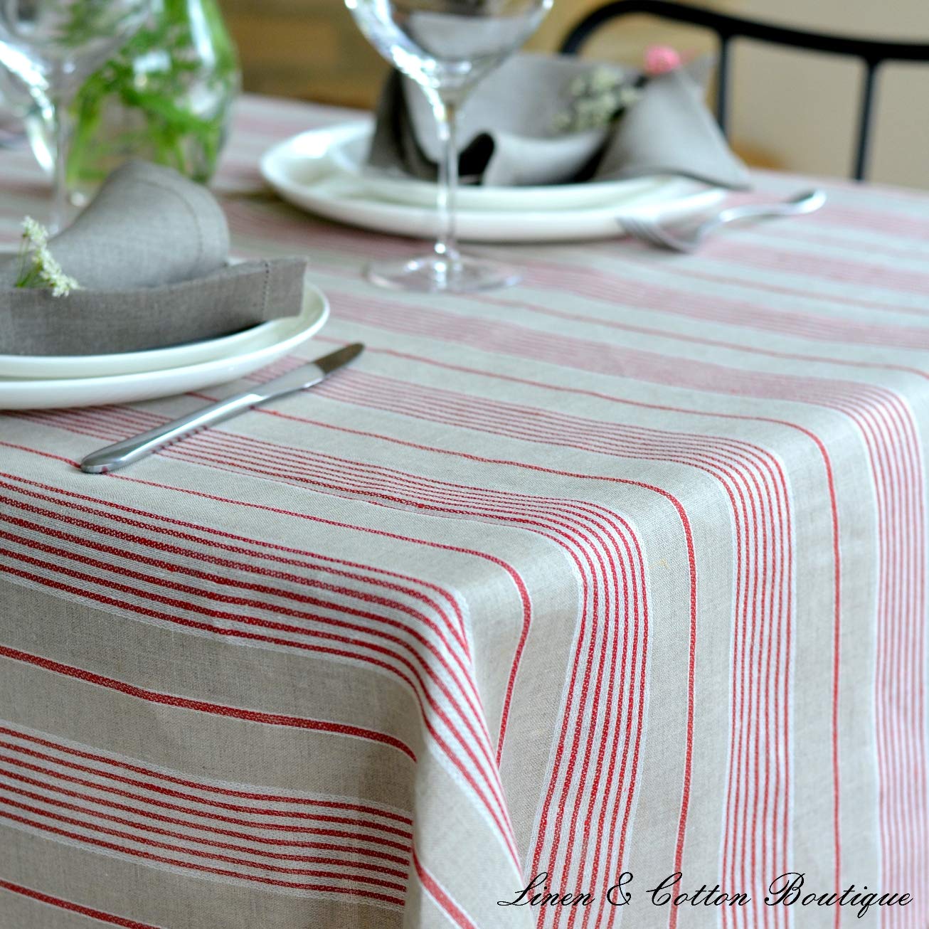 Linen & Cotton - Mantel ULLA Muy Elegante de Tela, Diseño de Rayas Rojas - 100% Lino (150 x 300cm)