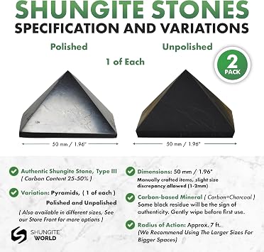 Shungite World 2 pcs Authentic Shungite Pyramids Set 50 mm / 1.96 Polished and Unpolished Real Shungite Stones Crystal Pyramid Home Protection Room Office Desk Decor Authentic Black Crystals