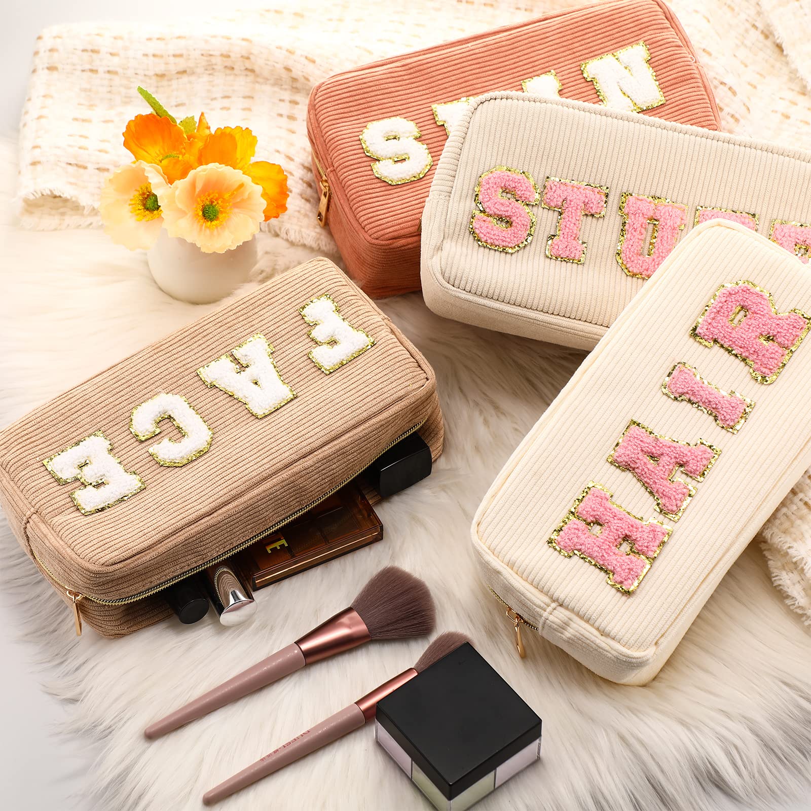 Sanwuta 4-Piece Corduroy Travel Makeup Bag Set with Letter Design