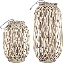 ECD Germany Set of 2 Lanterns Ried 40 x Diameter 26 cm / 50 x Diameter 28 cm with Handle, Natural Grey/Brown, Wicker Look, Rattan Lantern with Glass Insert, Retro Lantern, Hand-Woven Garden Lantern,
