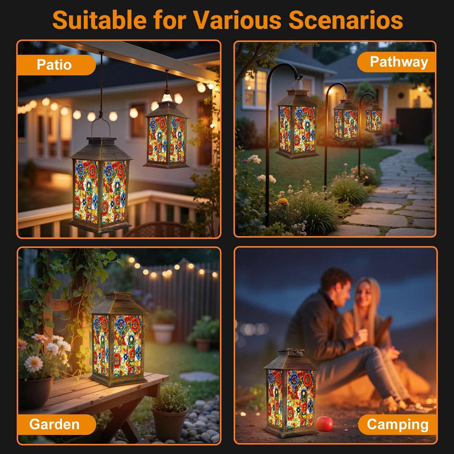 Solar Lights Outdoor Mexican Talavera Ceramic Tile Seamless Ethnic Folk Ornament Italian Garden Hanging Solar Powered Lantern Waterproof Camping Tents Lantern for Patio Deck 1 Pack
