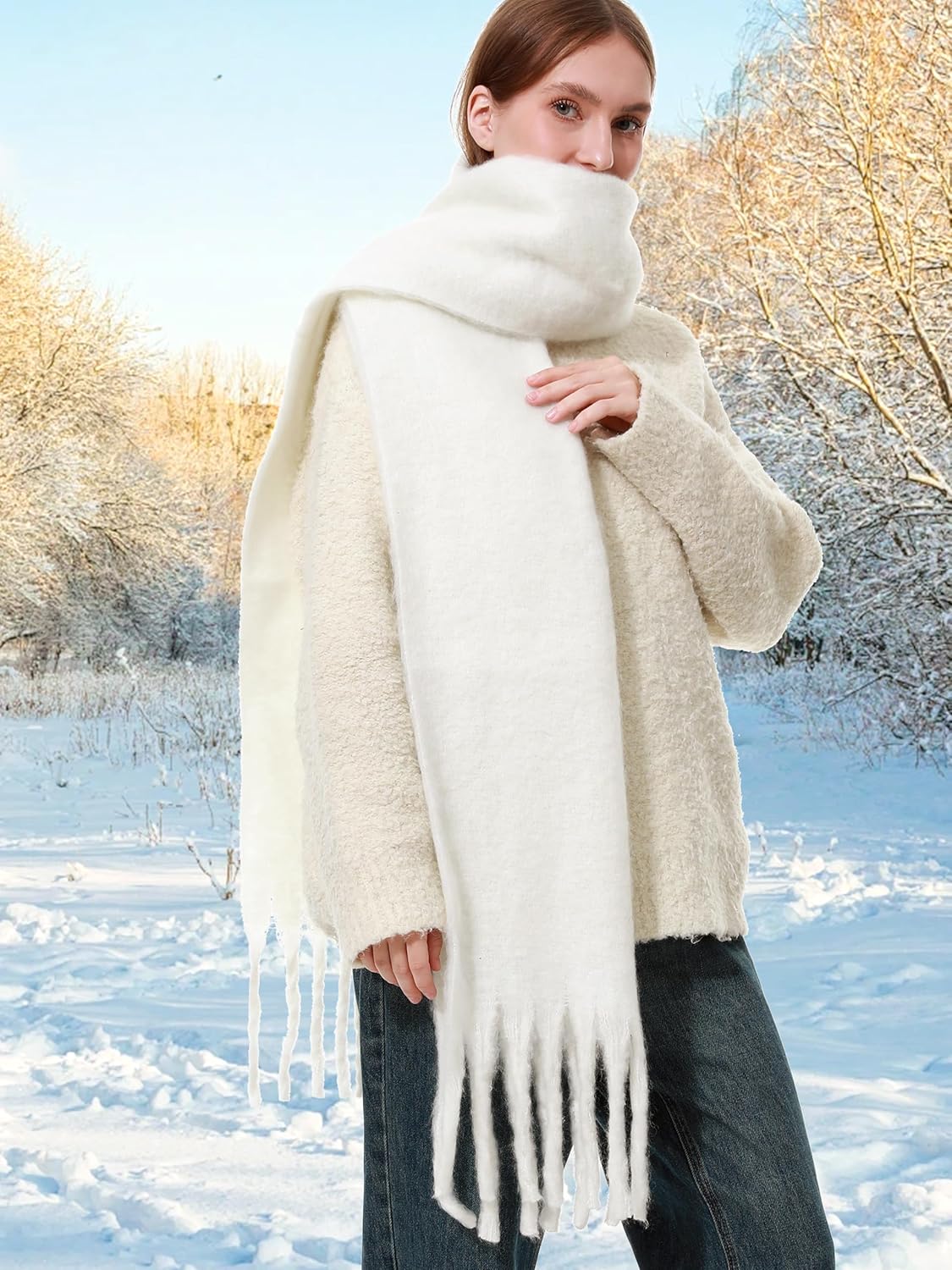 Oversized Blanket Scarf for Women Winter Fall Chunky Plaid Soft Cashmere Feel Thick Scarves with Fringed - Image 5