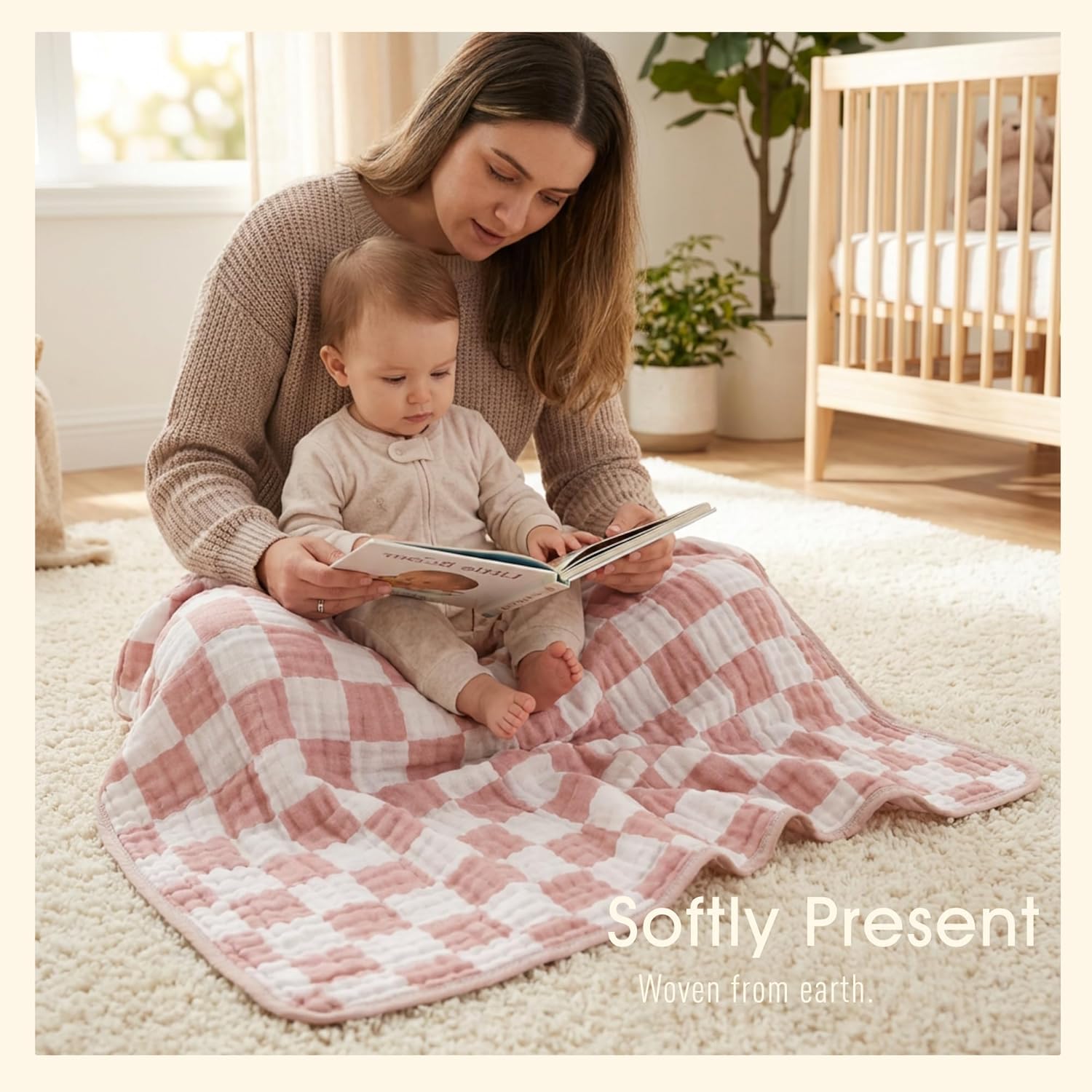 6-Layer Muslin Baby Blanket Made with Organic Cotton - Classic Neutral Checkered, Swaddle & Crib Quilt, 43”x43”, Dusty Pink Checkered, 1-Pack