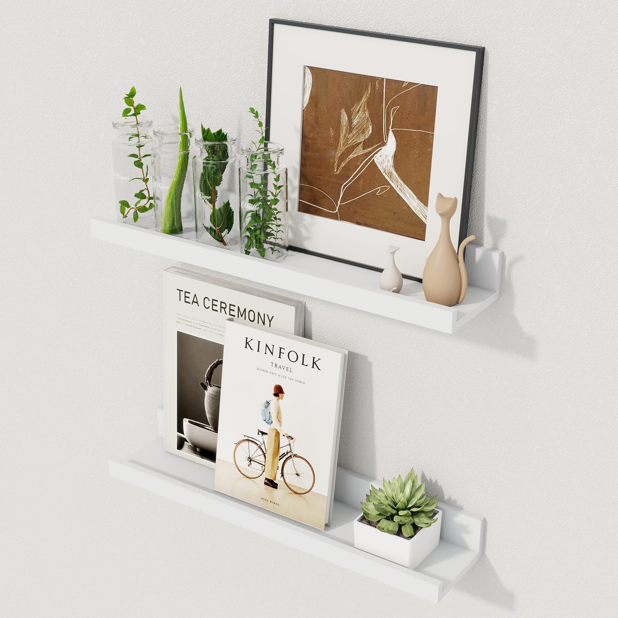 Axeman Floating Shelves, 40 cm White Picture Shelf Set of 2, Wood Wall Mounted Shelves with Lip, Floating Shelves with Ledge for Pictures, Nursery Books, Paintings, Artworks — image 1