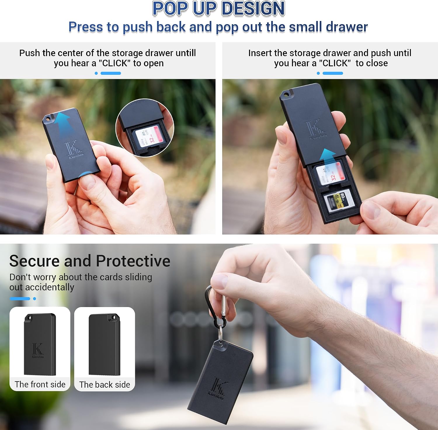 Pop-up Small Memory Card Case Holder for 2 SD SDHC SDXC Cards & 2 CFexpress Type A Cards with Carabiner, Portable Anti-Shock Splash-Proof SD CFA Card Case Storage Protector Organizer Keeper Container image 3