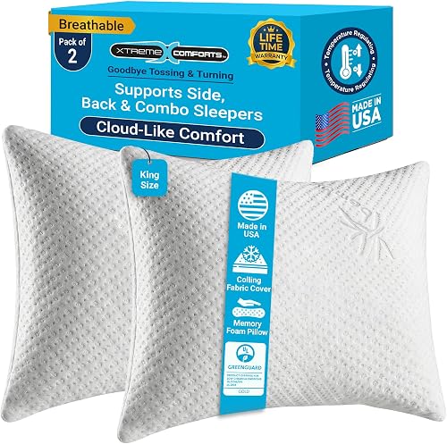 Xtreme Comforts Memory Foam Pillows | GREENGUARD Certified Shredded Foam Fill for Personalized Support | Slim Cooling King Bed Pillows for Side, Back & Stomach Sleepers | Pillows King Size