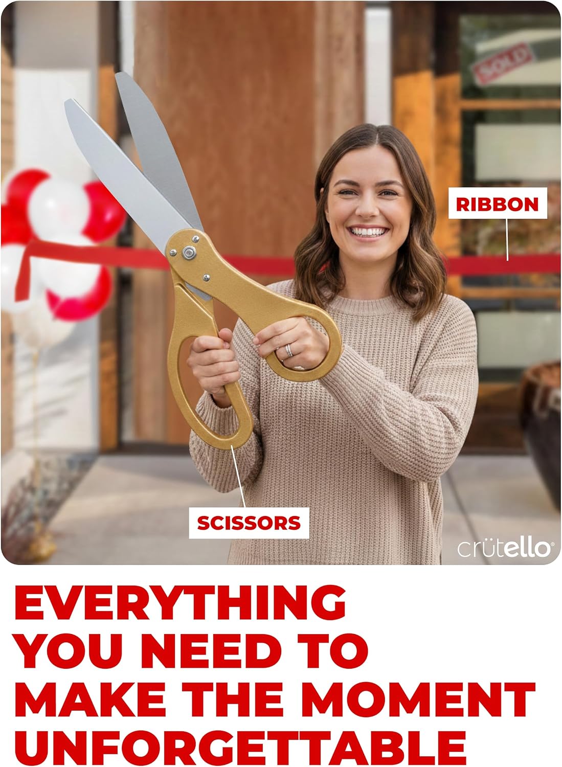 Crutello Ribbon Cutting Ceremony Kit - Giant Gold Scissors, Red Ribbon image 2