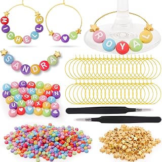 60 Sets DIY Wine Glass Charms – 780 Letter Beads 120 Gold Beads 60 Charm Rings 2 Tweezers, Drink Identifier Charms Wine Glass Marker Tags for Wedding Cocktail Bachelorette Party Decoration (Colorful)