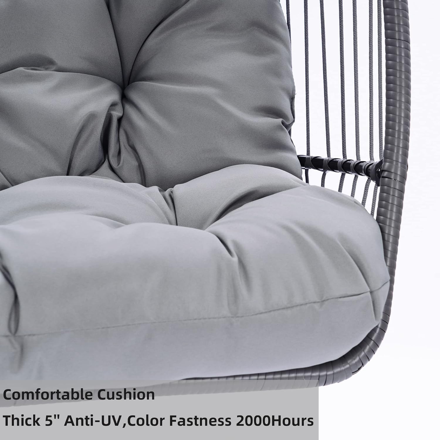 HomSof Outdoor Patio Wicker Folding Hanging Chair,Rattan Swing Hammock Egg Chair with C Type Bracket with Cushion and Pillow，Grey Fabric & Black Wicker