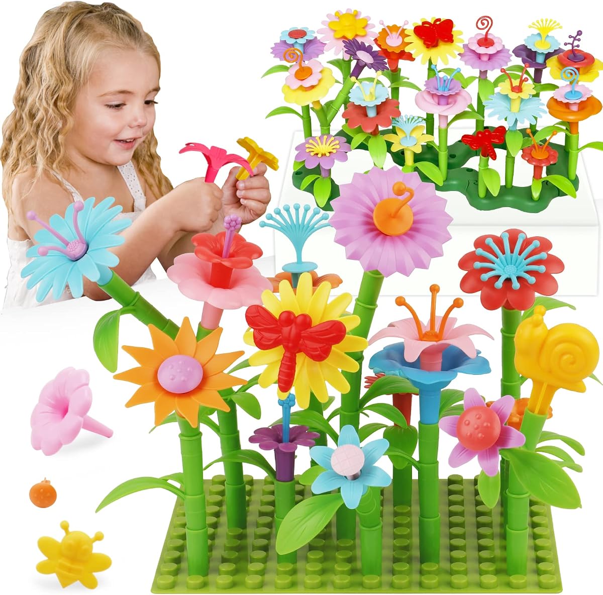 IQKidz Juguetes para niños de 3 a 6 años – Juguete de construcción de jardín de flores con clavijas para insectos, regalos de actividades educativas para niñas preescolar-jardín de infantes, juego de simulación apilable STEM de 153 piezas