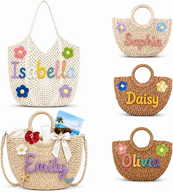 Personalized Straw Beach Bag for Women, Custom Name Woven Tote for Bridesmaids and Travel