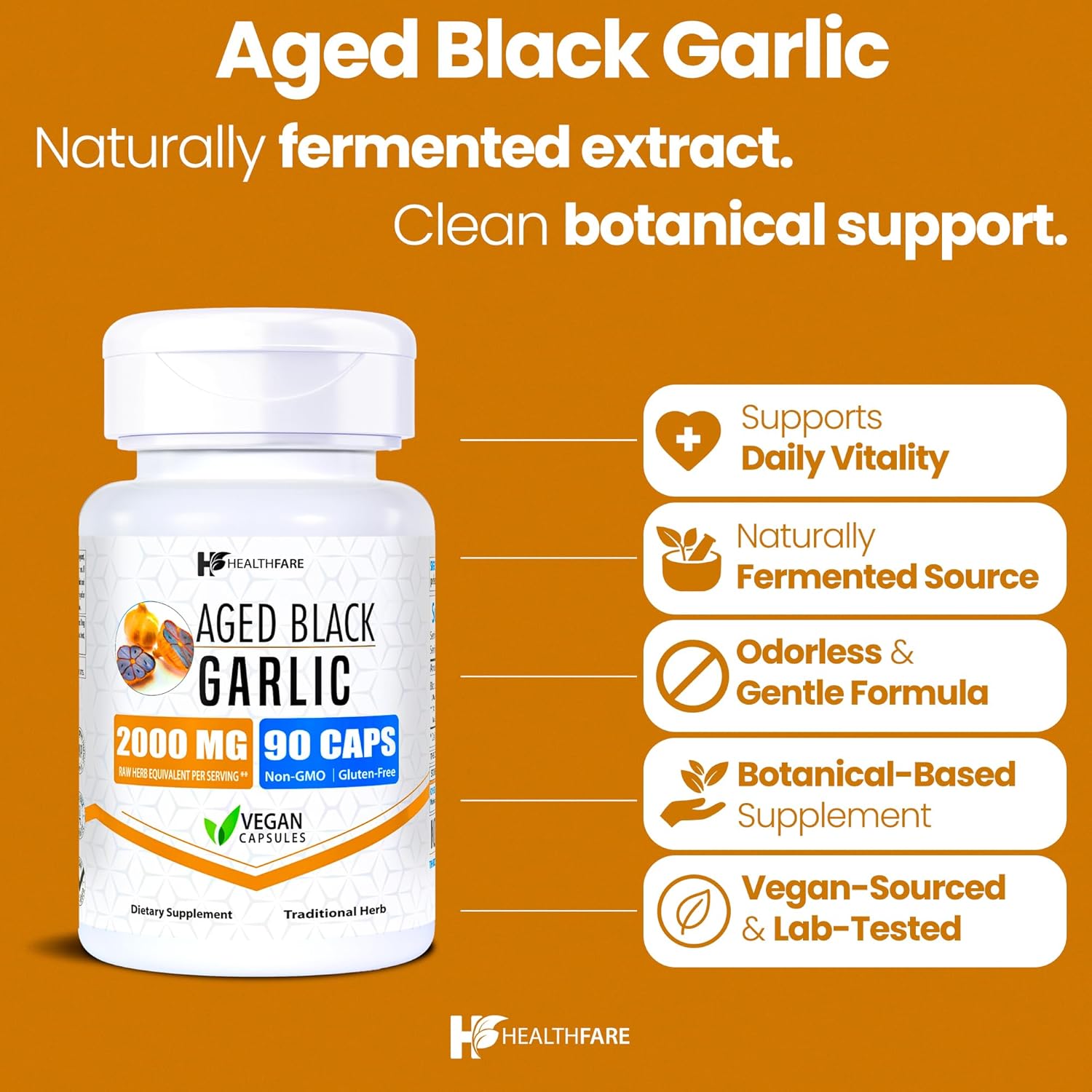 Healthfare Aged Black Garlic Supplement Pills | 2000mg Equivalent | 2 Bottles, 180 Vegan Capsules | Fermented Odorless Garlic Extract | Non-GMO, Gluten-Free | Made in USA - Image 2
